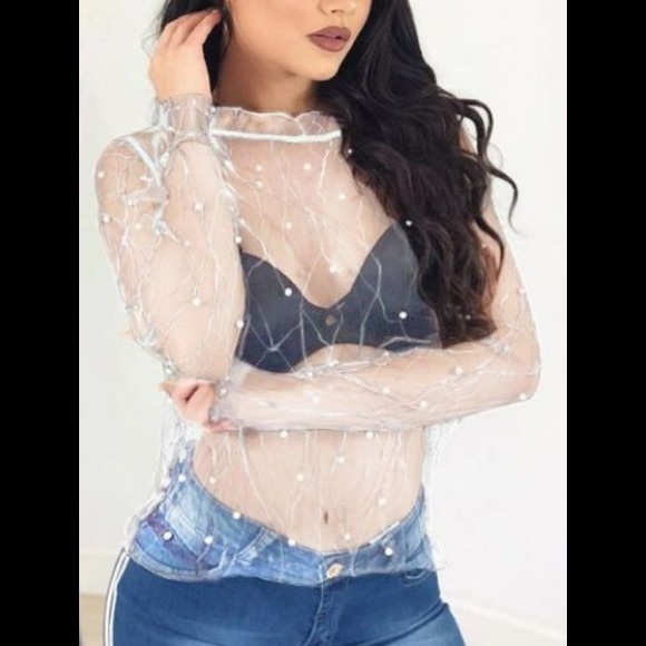 SXY Sheer Top W/Pearl Like Beads Decoration Ruffle Trim Sleeves Blouse - Picture 4 of 4